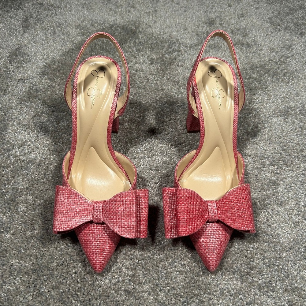 Jessica Simpson Nekira Pink Raffia Bow Slingback Block Heel Pumps JP-NEKIRA3 7.5 - Picture 3 of 6